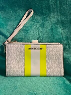 Michael Kors White Wristlet with Neon Yellow Stripe Accent